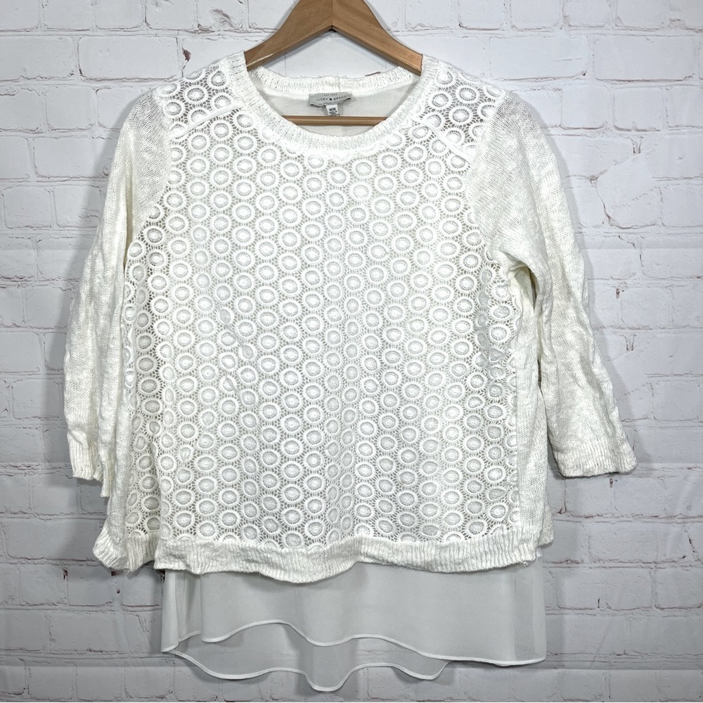 Lucky Brand Sweater Womens Medium Ivory Layered 3/4 Sleeve Sheer Lined Blouse